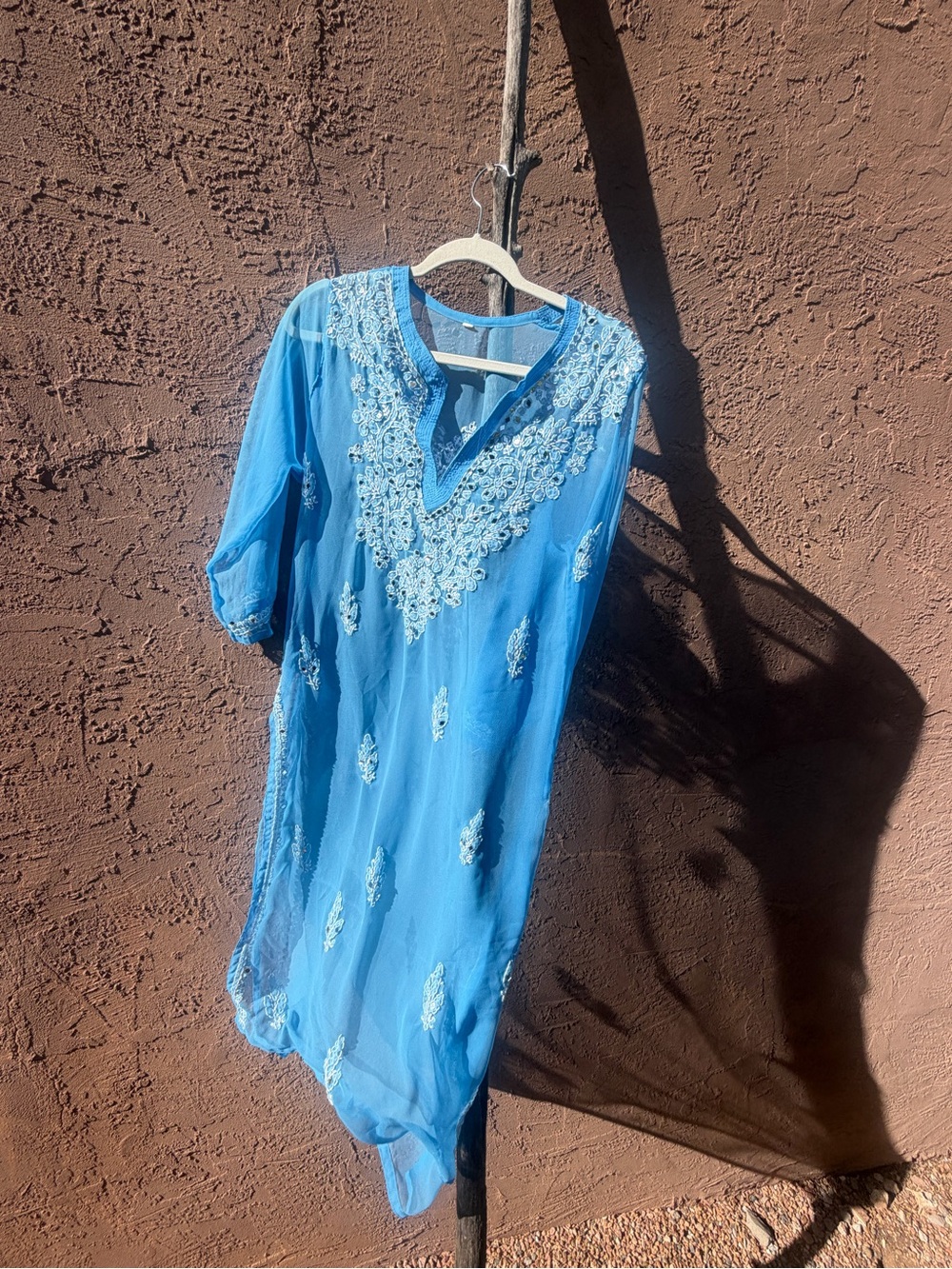 Sky Blue Sheer Sparkly Mirror Kaftan Tunic